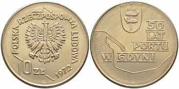Польша 10 злотых 1972 MW, 50 лет морскому порту в Гдыне KM 65 медно-никель 34-847