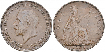Великобритания 1 пенни 1934 Георг V (1910-1936) КМ 838, Spink 4055 бронза 69-144