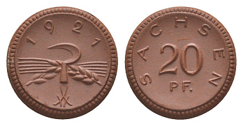 Саксония 20 пфеннигов 1921 Men05 22281.4, Men18 27868.4, Scheuch 31a фарфор 1094-6-74