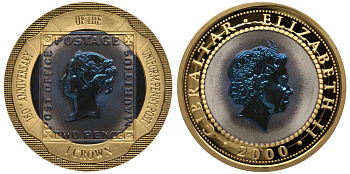 Гибралтар 1 крона 2000 160 лет черному пенни, тираж 999 экземпляров KM 884 золото, биметалл PROOF 10-020-25