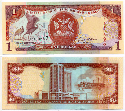 Тринидад и Тобаго 1 доллар 2002 подпись 8, номер красный Pick 41b бумага UNC (пресс) 2197-14-3-1