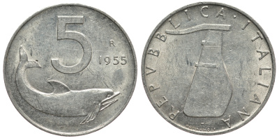 ИТАЛИЯ 5 ЛИР 1955 R, РУЛЬ , ДЕЛЬФИН KM 92 алюминий 4182-121