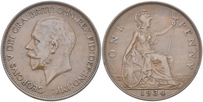 Великобритания 1 пенни 1934 Георг V (1910-1936) КМ 838, Spink 4055 бронза 69-144