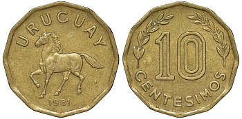 Уругвай 10 сентесимо 1981 KM 66 алюминиевая бронза 4169-552