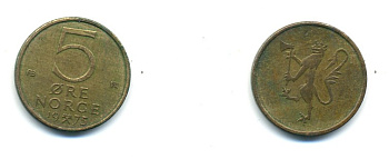 Норвегия 5 эре 1975 Улаф V (1958-1991) KM 415 бронза 80-547