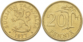 ФИНЛЯНДИЯ 20 ПЕННИ 1977 K KM 47 алюминиевая бронза 3718-633