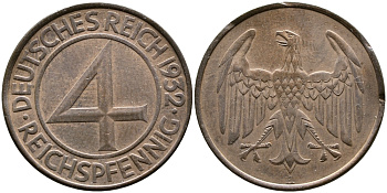 ГЕРМАНИЯ 4 РЕЙХСПФЕННИГА 1932 A KM 75, J. 315 медь 4388-421