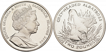Южная Георгия и Южные Сандвичевы Острова 2 фунта 2006 сероголовый альбатрос KM 27 медно-никель UNC M8-16