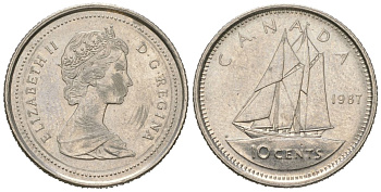 Канада 10 центов 1987 Елизавета II (1952-2022), парусник KM 77 никель 4381-733