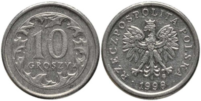 Польша 10 грошей 1998 MW KM 279, Parchimowicz 704e медно-никель 201-441