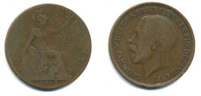 Великобритания 1 пенни 1913 Георг V (1910-1936) KM 810, Spink 4051 бронза 47-1236