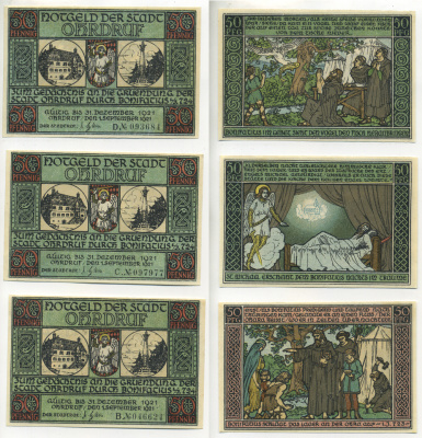 Германия, Ордруф набор из 3 банкнот 1921 нотгельд, земля Тюрингия, евангельские сцены Grabowski 1012.4  бумага  UNC (пресс) 7555-15-1-2