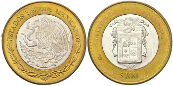 Мексика 100 песо 2005 180 лет Федерации - Агуаскальентес KM 721 биметалл, серебро BU 00-1067-8-64