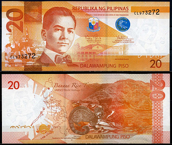 Филиппины 20 писо 2014 A Мануэль Кесон, signatures: Aquino III & Tetangco Pick 206a бумага UNC (пресс) 8602-48-3-2