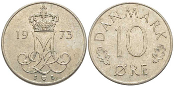 ДАНИЯ 10 ЭРЕ 1973 S; B, МАРГРЕТЕ II (1972-) KM 860.1 медно-никель 116-236