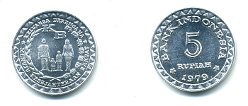 Индонезия 5 рупий 1979 FAO, планирование семьи KM 43 алюминий UNC 4385-1024