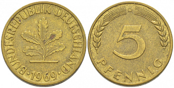 ФРГ 5 ПФЕННИГОВ 1969 D KM 107 J. 382 сталь плакированная латунью 3955-555