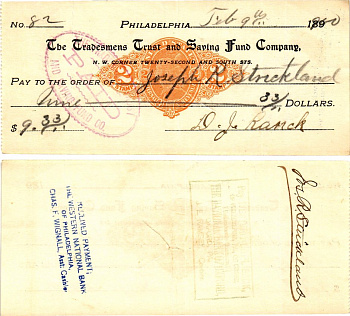 США чек на 9,33 долларов 1900 Филадельфия бумага 3295-57-1-2