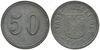 Нердлинген (Бавария) 50 пфеннингов 1917 Funck 381.3, Men18 23671.3 цинк 4586-856