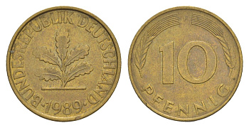 ФРГ 10 пфеннигов 1989 F KM 108, J. 383 сталь плакированная латунью 4627-118