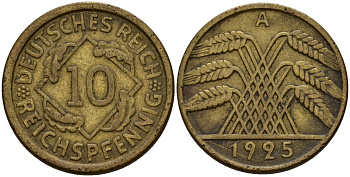 Германия 10 рейхспфеннигов 1925 A KM 40 алюминиевая бронза 4156-433