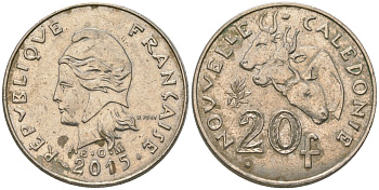 Французская Новая Каледония 20 франков 2015 три быка, (IEOM) KM 12a, Schoen 14a медно-никель 4137-514