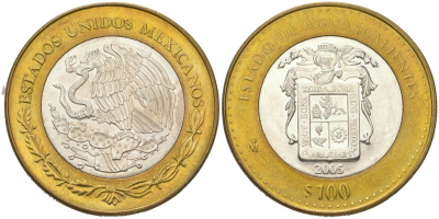 Мексика 100 песо 2005 180 лет Федерации - Агуаскальентес KM 721 биметалл, серебро BU 00-1067-8-64