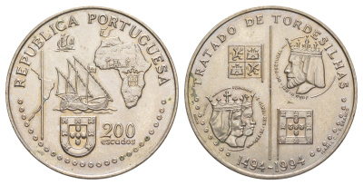 Португалия 200 эскудо 1994 500 лет с момента заключения Тордесильясского договора KM 671 медно-никель UNC 1101-4-62