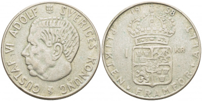 Швеция 1 крона 1958 TS, Густав VI Адольф (1950-1973) KM 826 серебро 175-1126