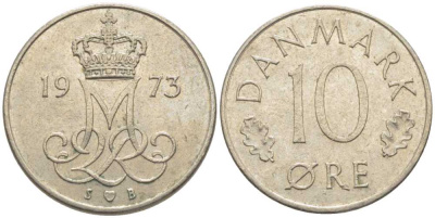ДАНИЯ 10 ЭРЕ 1973 S; B, МАРГРЕТЕ II (1972-) KM 860.1 медно-никель 116-236