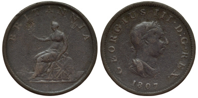 Великобритания 1/2 пенни 1807 Георг III (1760-1820) KM 662, Spink 3781 медь 189-122