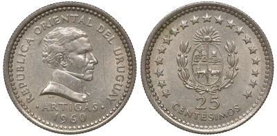Уругвай 25 сентесимо 1960 KM 40 медно-никель 4169-1013