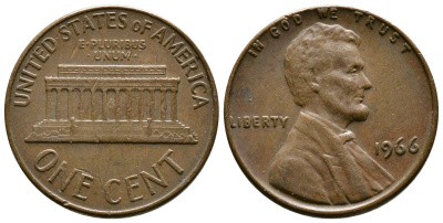США 1 цент 1966 Авраам Линкольн KM 201 медь цинк 3458-132
