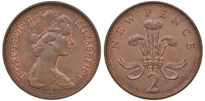 Великобритания 2 пенса 1981 Елизавета II (1952-2022) KM 916, Spink 4235 (C1) бронза 62-722