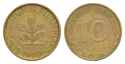 ФРГ 10 пфеннигов 1989 F KM 108, J. 383 сталь плакированная латунью 4627-118