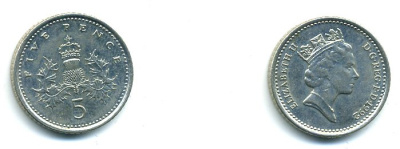 Великобритания 5 пенсов 1992 Елизавета II (1952-2022) KM 937b, Spink 4372 (D4) медно-никель 59-1246