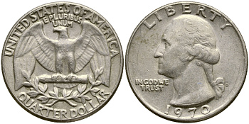 США 25 центов (квотер) 1970 D, Вашингтон KM 164а медь плакированная медно-никелем 4388-334