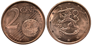 ФИНЛЯНДИЯ 2 ЕВРОЦЕНТА 2000 KM 99 сталь плакированная медью UNC 4181-442