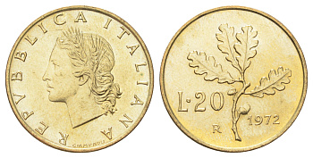 Италия 20 лир 1972 R, дубовый лист KM 97 алюминиевая бронза UNC 4611-944