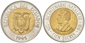 Эквадор 100 сукре 1995 200 лет со дня рождения Антонио Хосе де Сукре KM 96 биметалл 4611-729