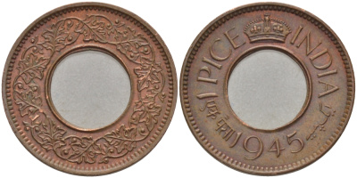 Британская Индия 1 пайс 1945 Георг VI (1936-1952) KM 533 бронза 28-532