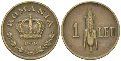 Румыния 1 лей 1939 Кароль II (1930-1940) KM 56 никель латунь 218-335