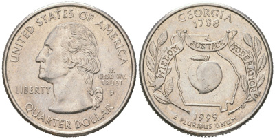 США 25 центов = квотер = 1/4 доллара 1999 P, квотер штата Джорджия KM 296 медь плакированная медно-никелем UNC 183-212