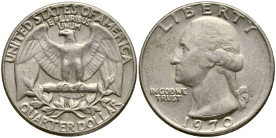 США 25 центов (квотер) 1970 D, Вашингтон KM 164а медь плакированная медно-никелем 4388-334