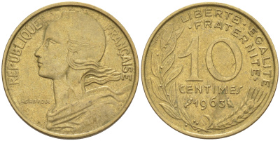 Франция 10 сантимов 1963 тип Marianne KM 929, LE FRANC 144.3 медь алюминий никель 187-849