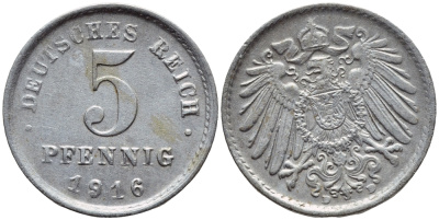 ГЕРМАНИЯ 5 ПФЕННИГОВ 1916 D KM 19, J 297 железо 4396-262