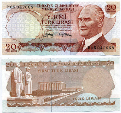 ТУРЦИЯ 20 ЛИР 1974 ЧЁРНЫЕ ПОДПИСИ Pick 187а бумага аUNC 8611-47-2-1