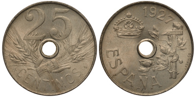 Испания 25 сентимо 1927 PC-S, Альфонсо XIII  KM 742 медно-никель aUNC 1522-422