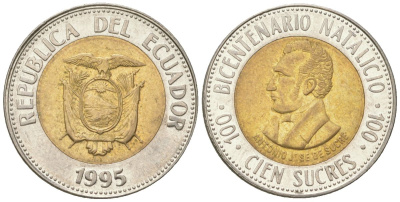 Эквадор 100 сукре 1995 200 лет со дня рождения Антонио Хосе де Сукре KM 96 биметалл 4611-729