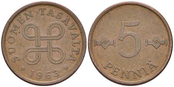 ФИНЛЯНДИЯ 5 ПЕННИ 1963 KM 45 медь 218-1266